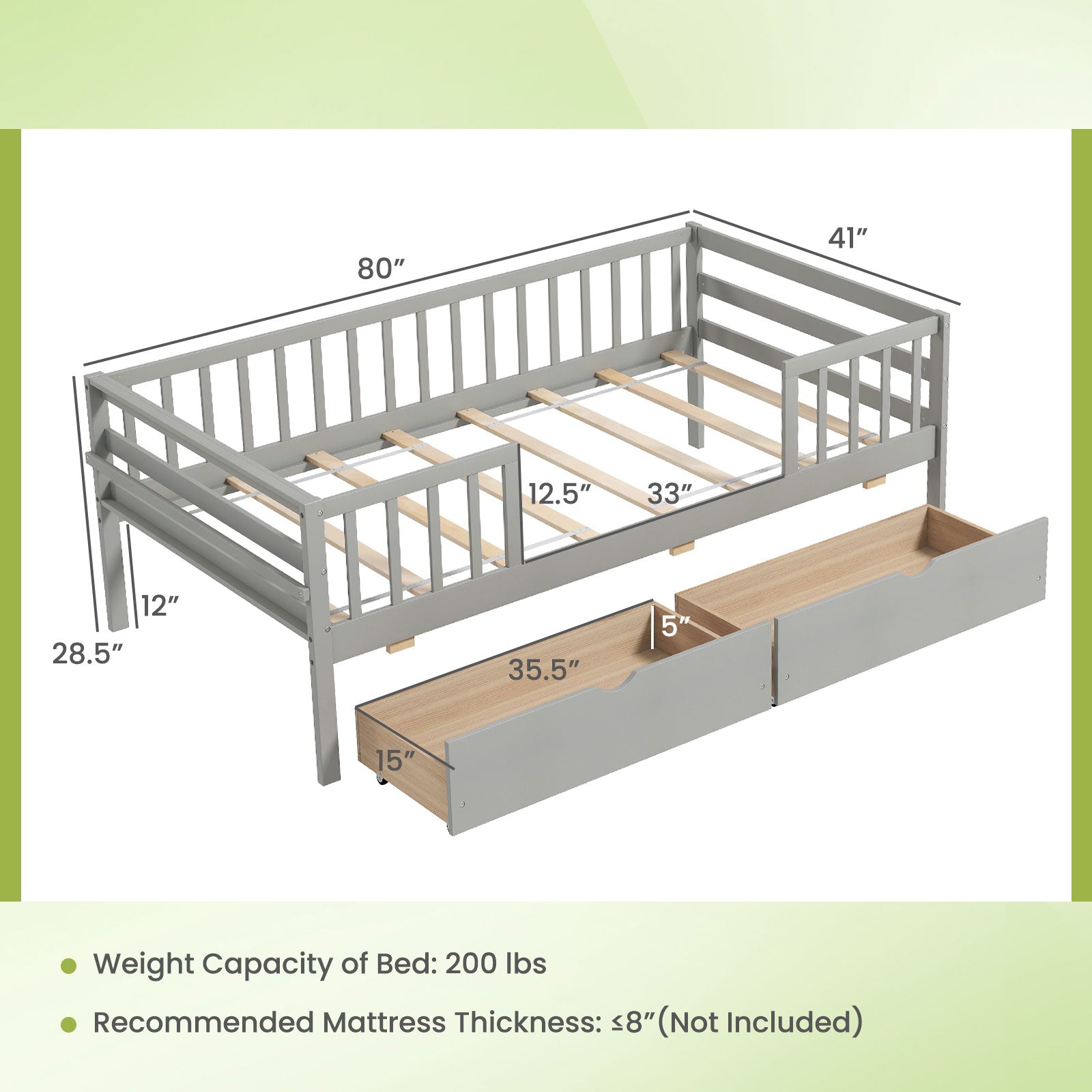 Twin Daybed with Fence and 2 Drawers Kids Bed for Boys & Girls-Gray