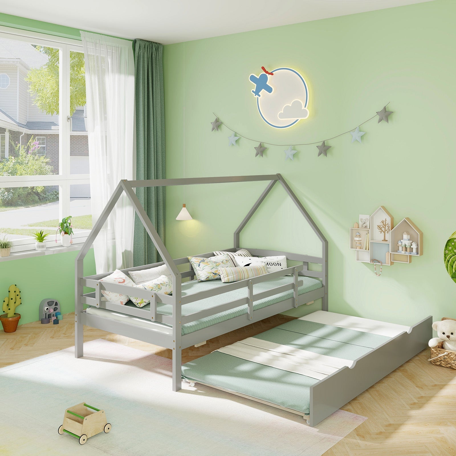 Twin House Bed with Trundle and Fence Rail-Gray