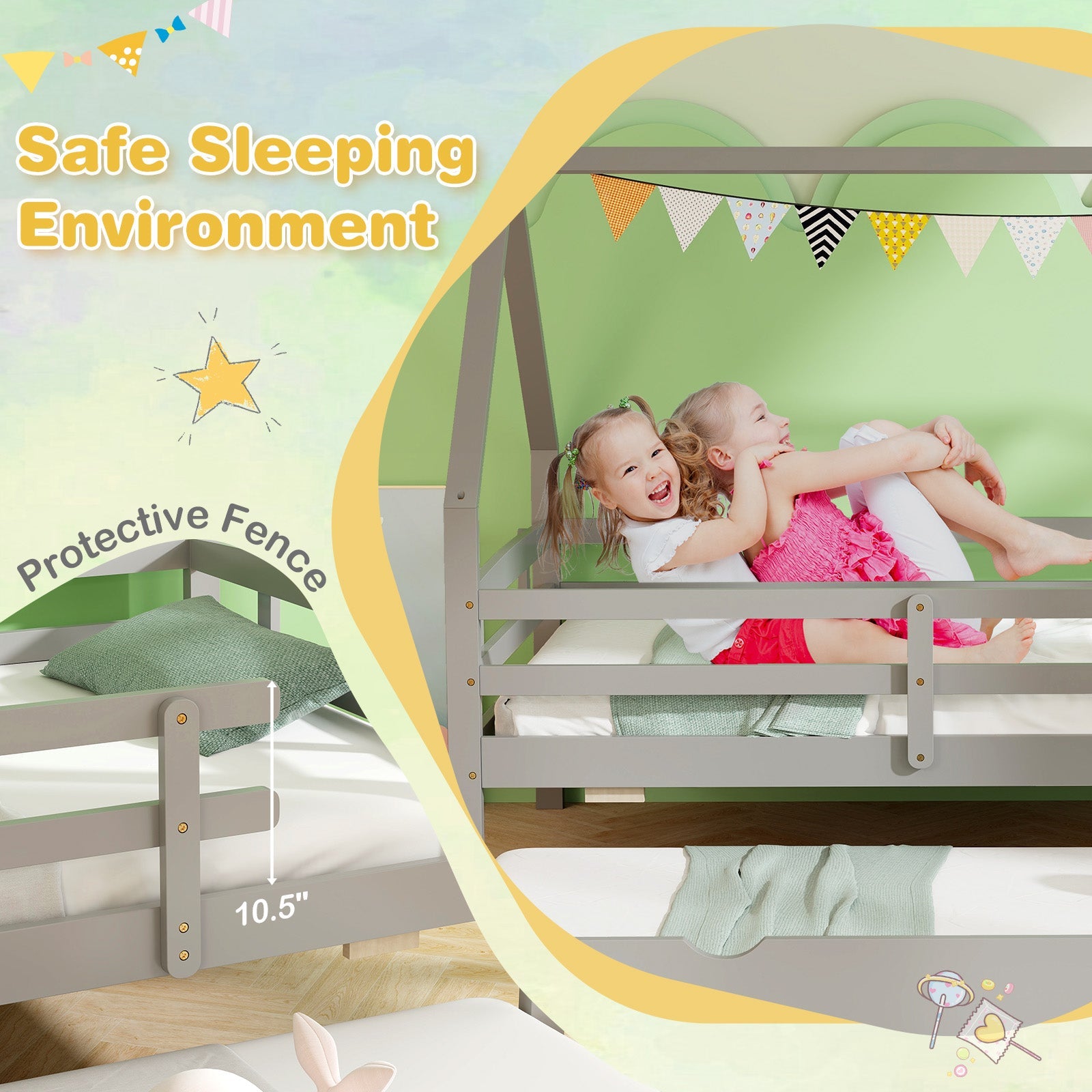 Twin House Bed with Trundle and Fence Rail-Gray