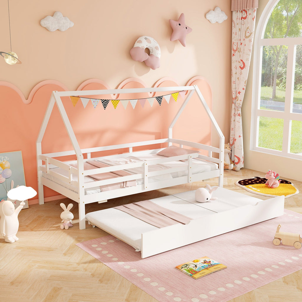Twin House Bed with Trundle and Fence Rail-White