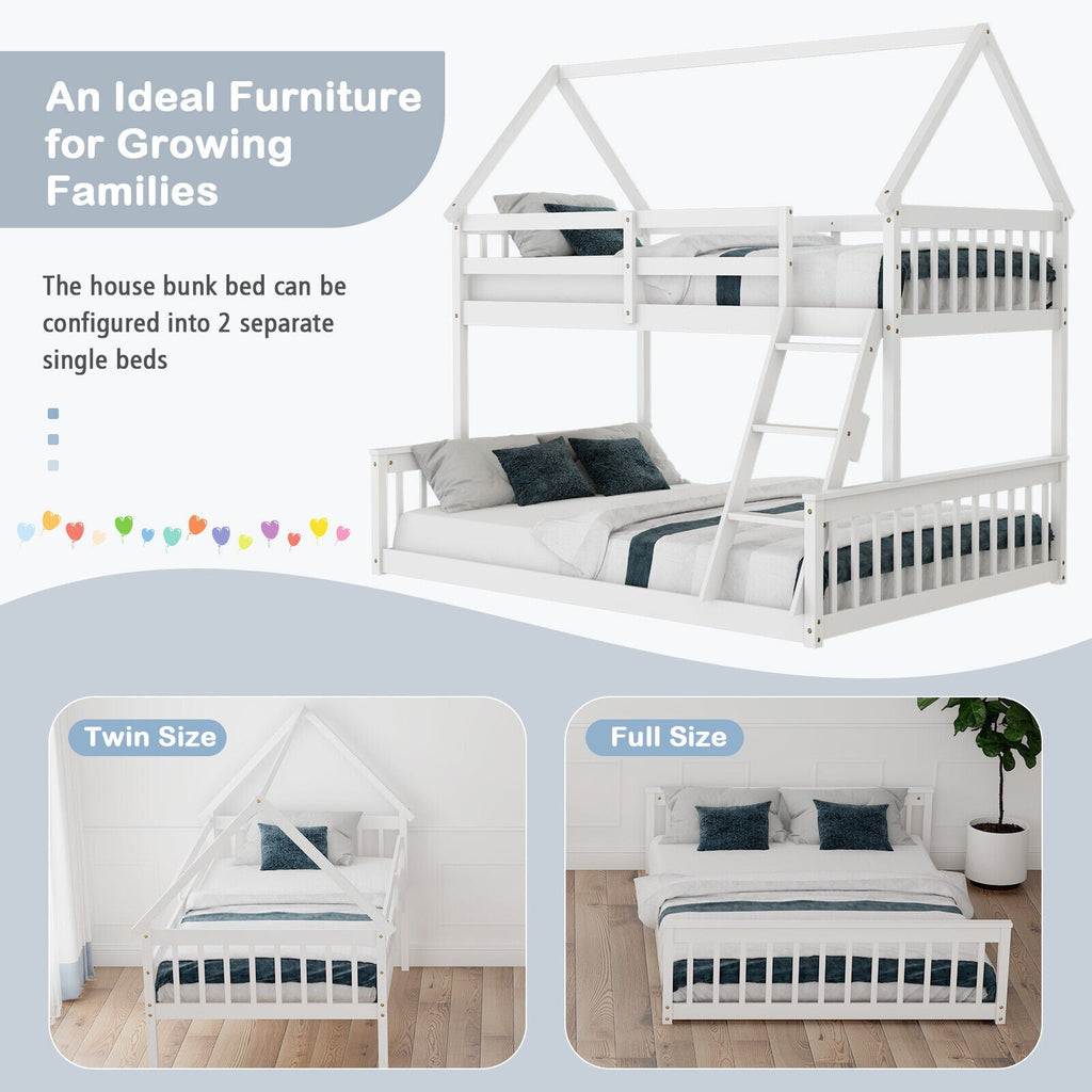 Twin Over Full House Bunk Bed with Ladder and Guardrails-White