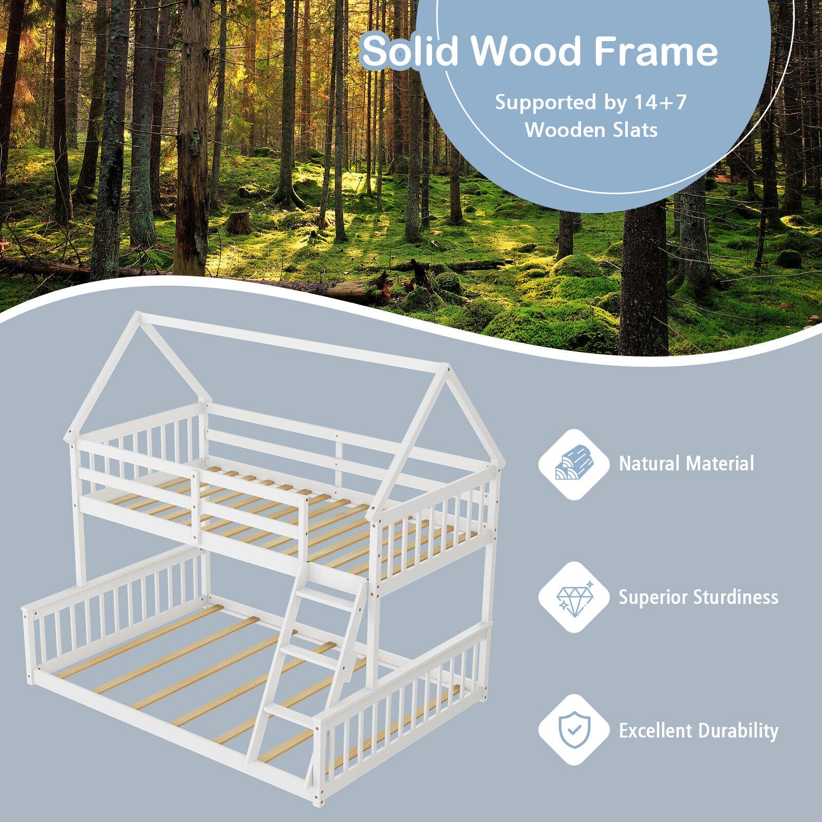 Twin Over Full House Bunk Bed with Ladder and Guardrails-White