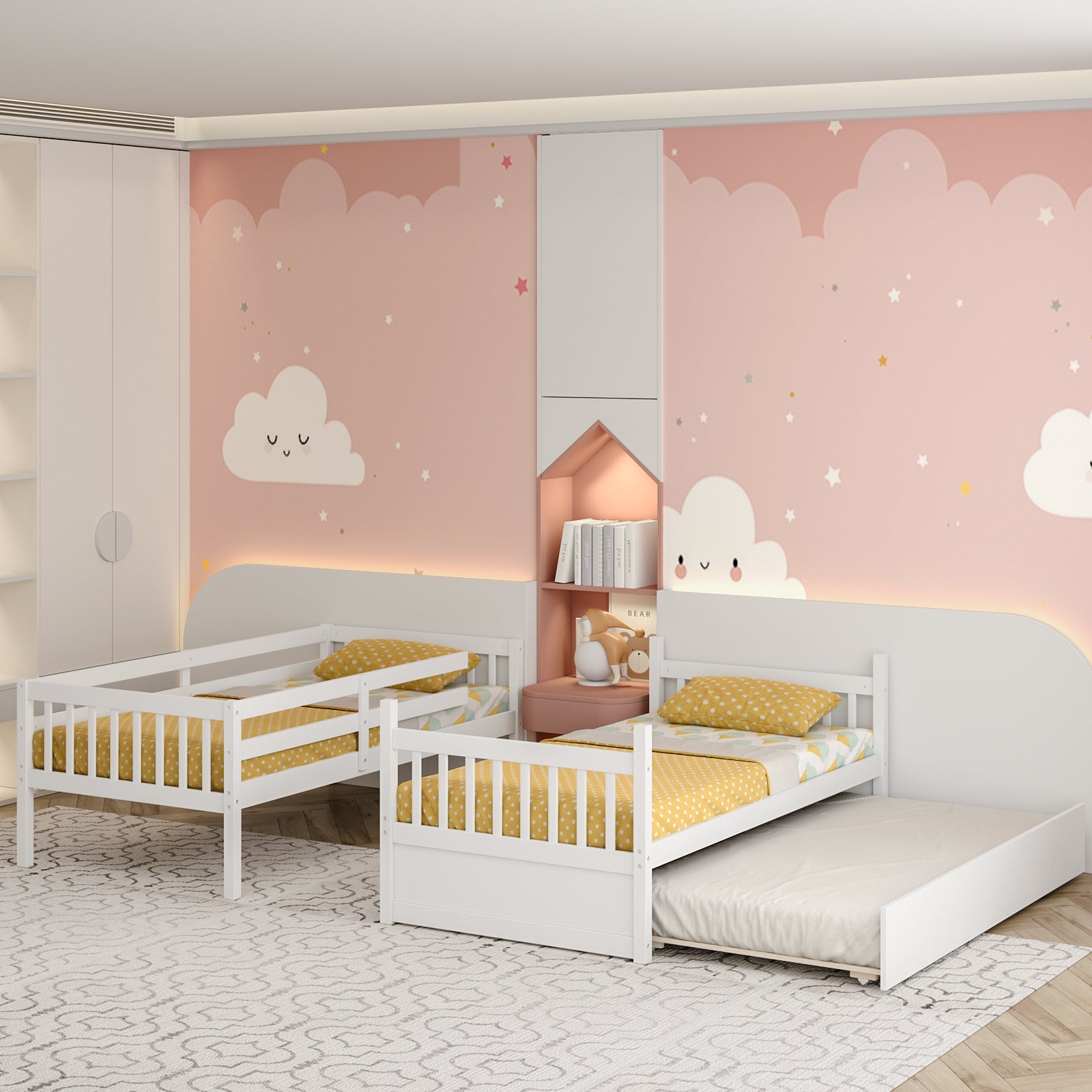Twin Over Twin Bunk Bed with Pull-out Trundle and Ladder-White