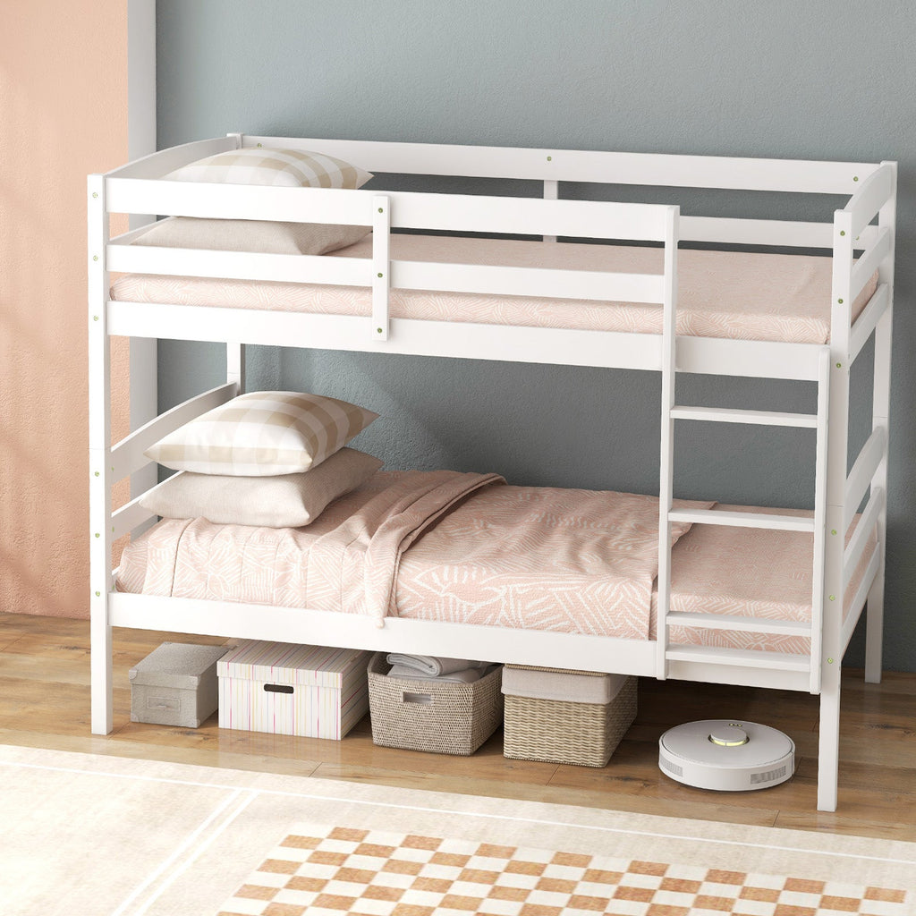 Solid Wood Twin Over Twin Bunk Bed Frame with High Guardrails and Integrated Ladder-White