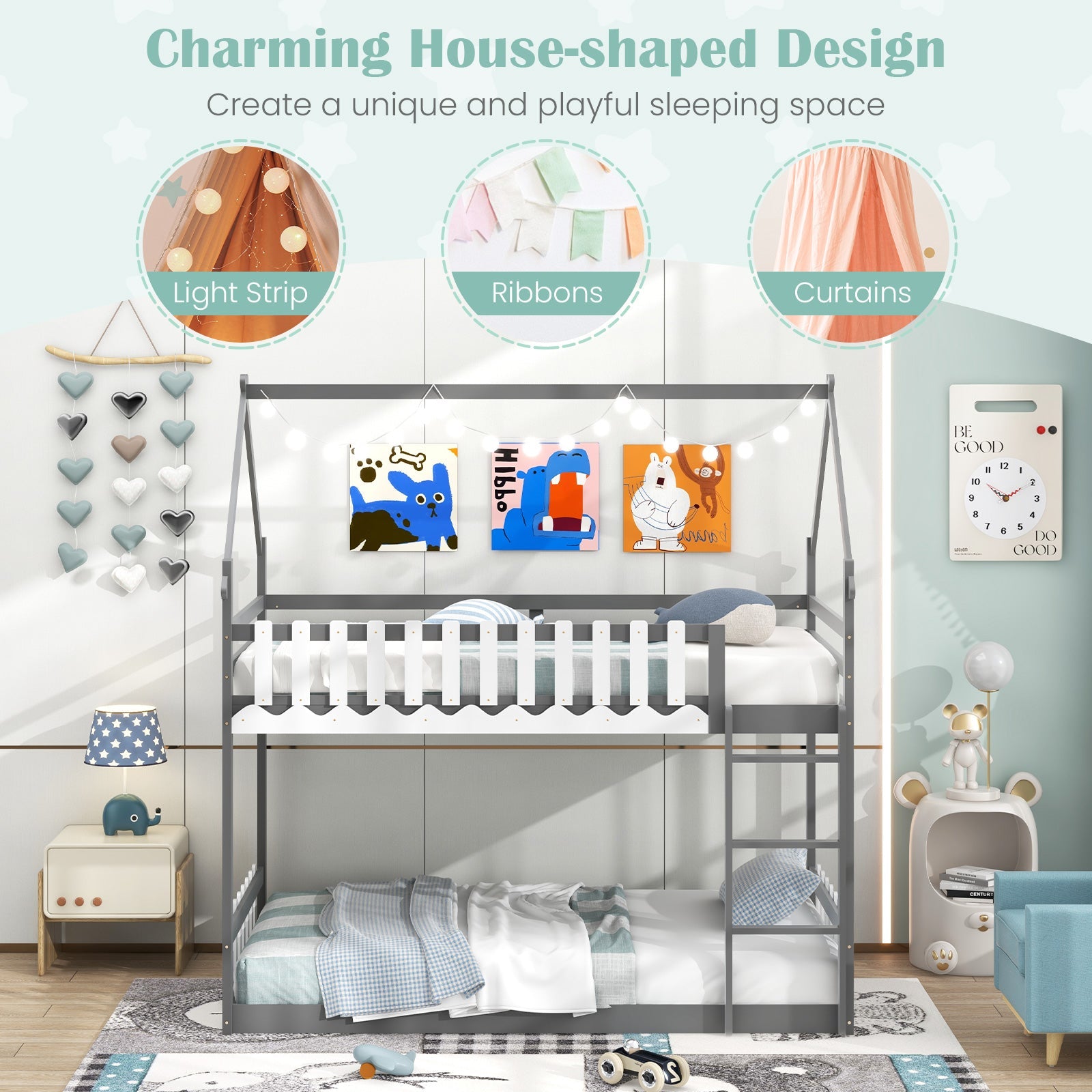 Twin Over Twin Bunk Bed with Fence and Ladder for Kids-Gray