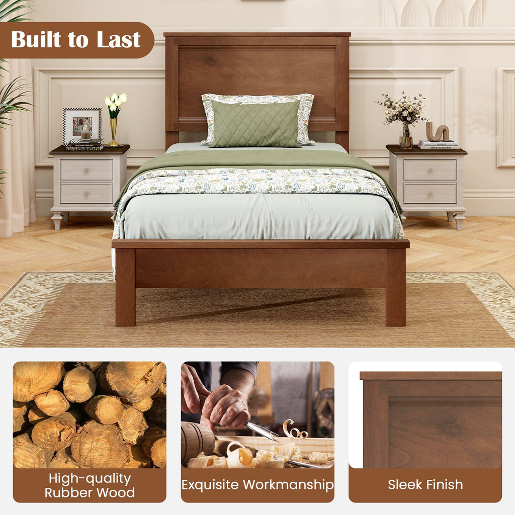 Twin Size Wooden Bed Frame with Headboard and Slat Support-Walnut