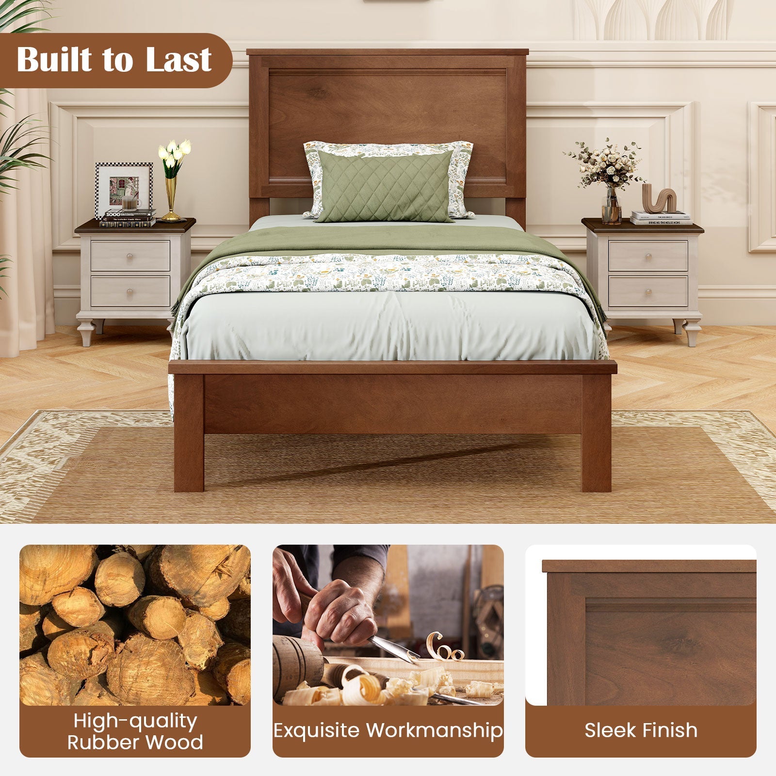Twin Size Wooden Bed Frame with Headboard and Slat Support-Walnut