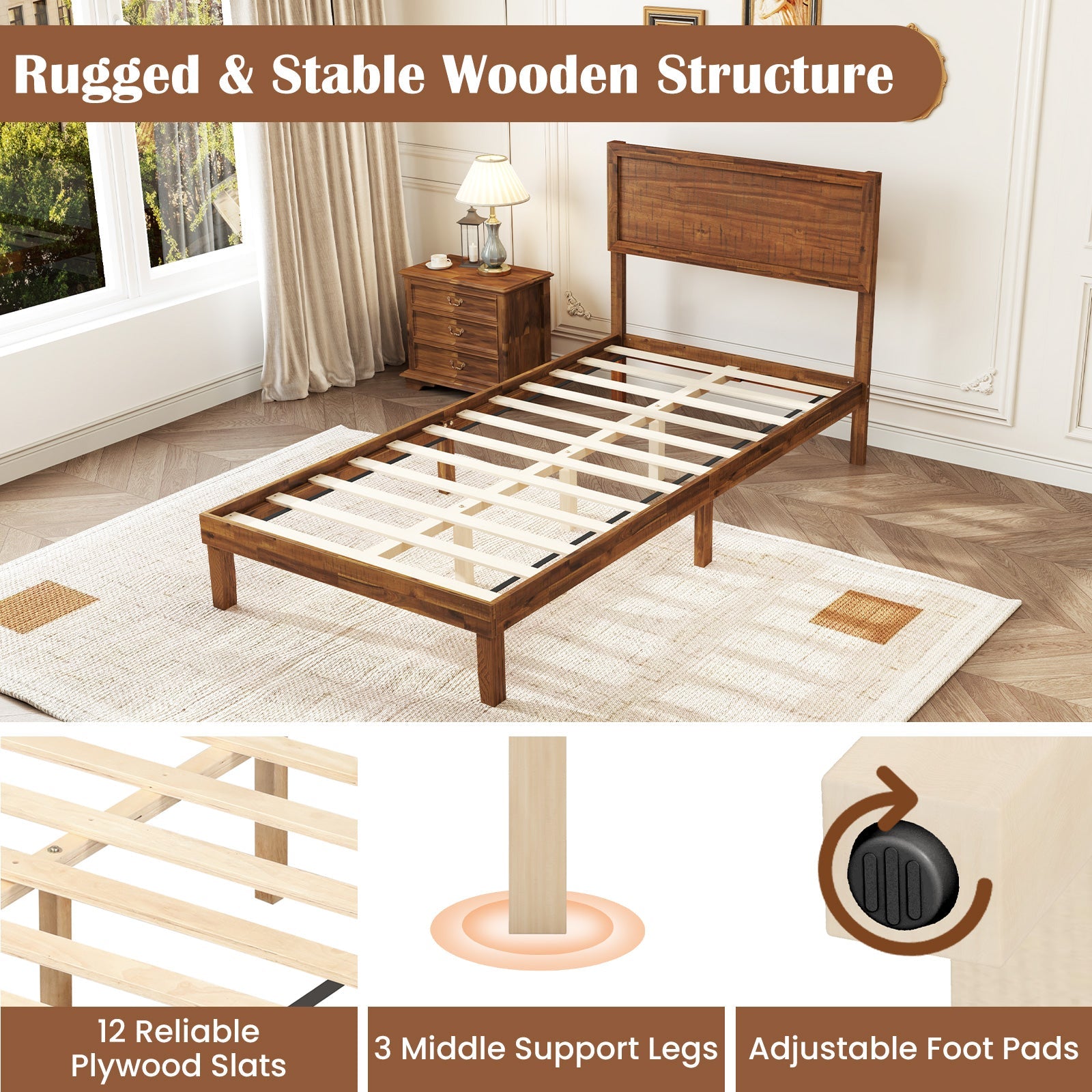 Twin/Full/Queen Size Bed Frame with Headboard and Wooden Slats Support-Twin Size