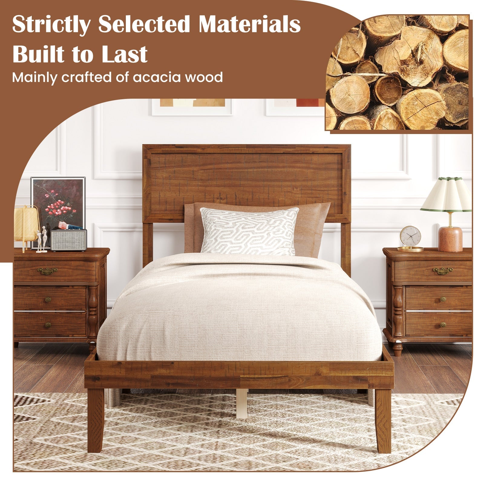Twin/Full/Queen Size Bed Frame with Headboard and Wooden Slats Support-Twin Size