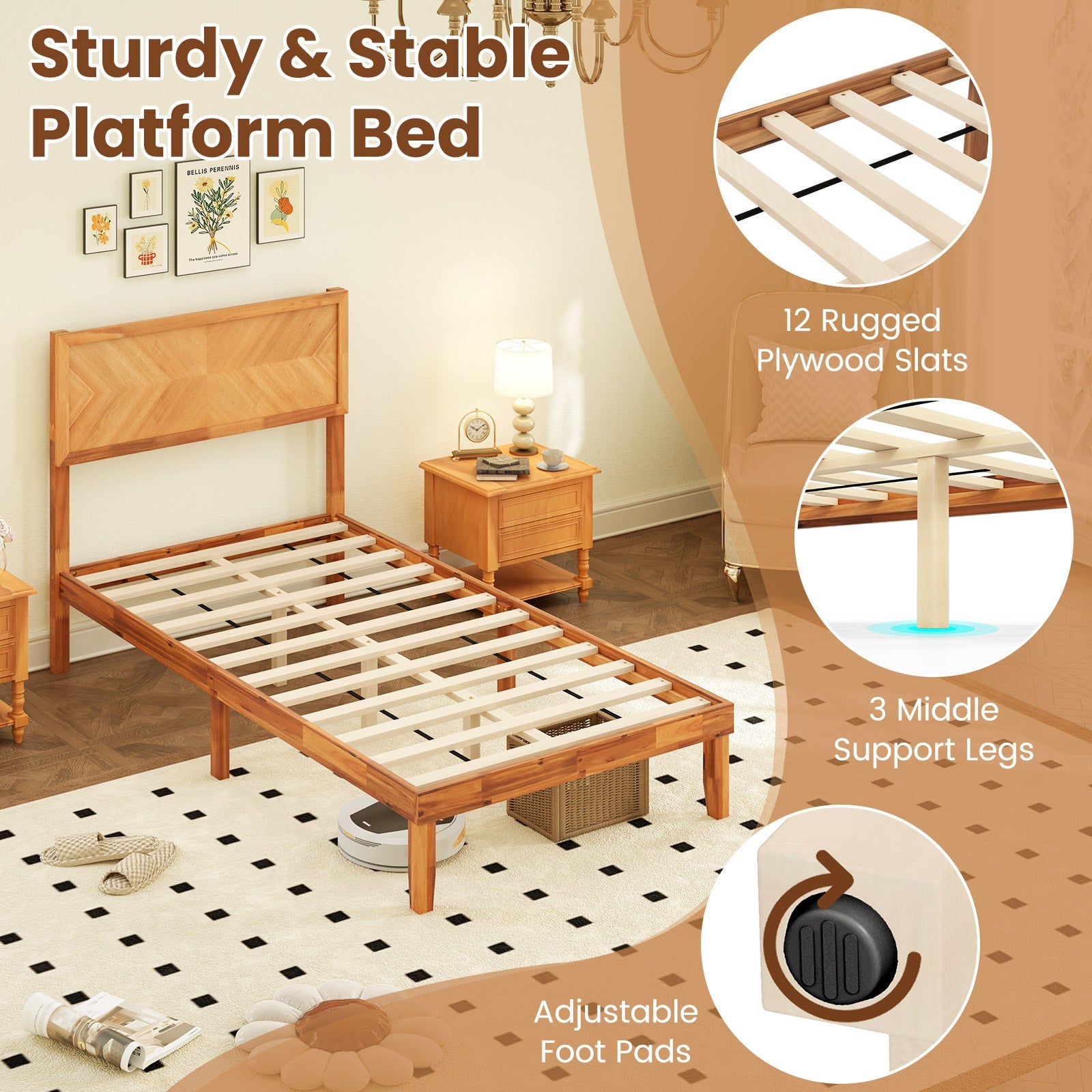 Twin/Full/Queen Size Bed Frame with Headboard and Storage Space-Twin Size