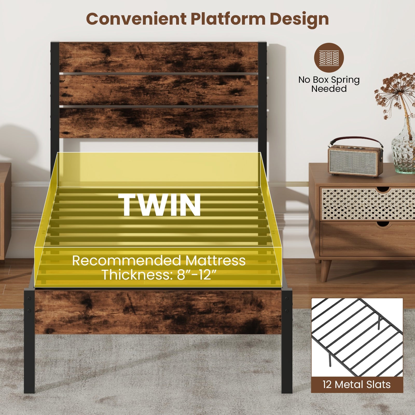 Full/King/Queen/Twin Size Bed Frame with High Headboard and Mute Bar-Twin Size