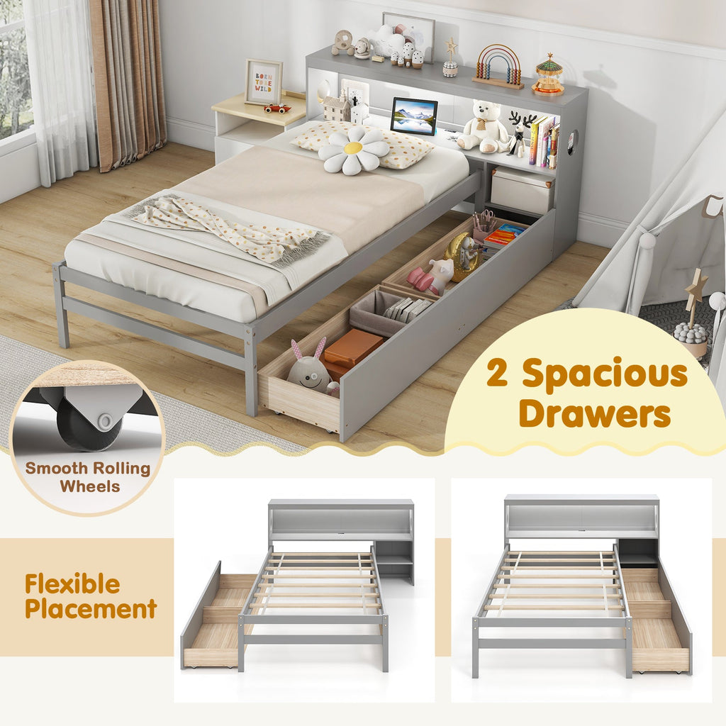 Twin Size Bed Frame with LED Light and Bookcase Headboard-Gray