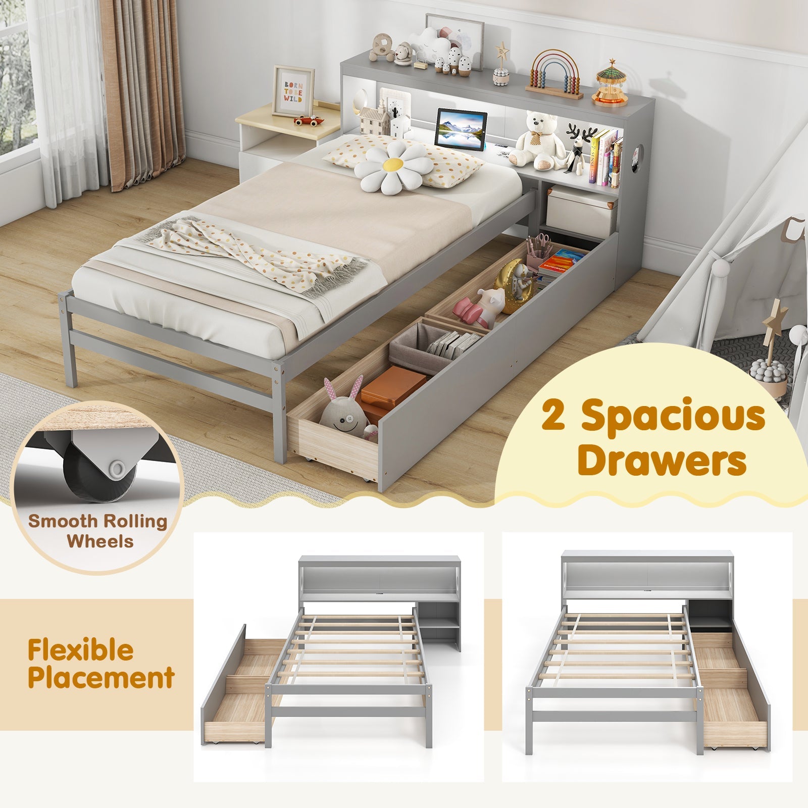 Twin Size Bed Frame with LED Light and Bookcase Headboard-Gray