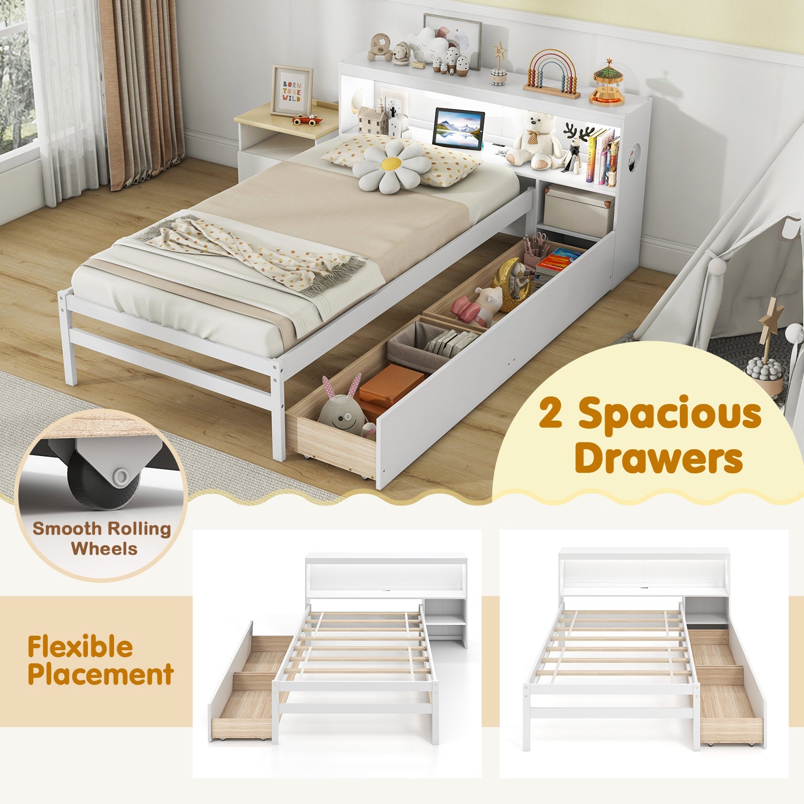 Twin Size Bed Frame with LED Light and Bookcase Headboard-White