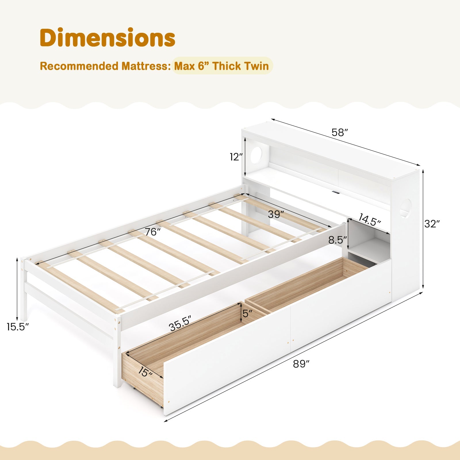 Twin Size Bed Frame with LED Light and Bookcase Headboard-White