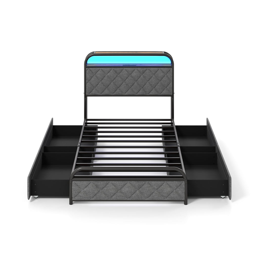 Twin/Full/Queen Size Bed Frame with LED Lights and Charging Station-Twin Size