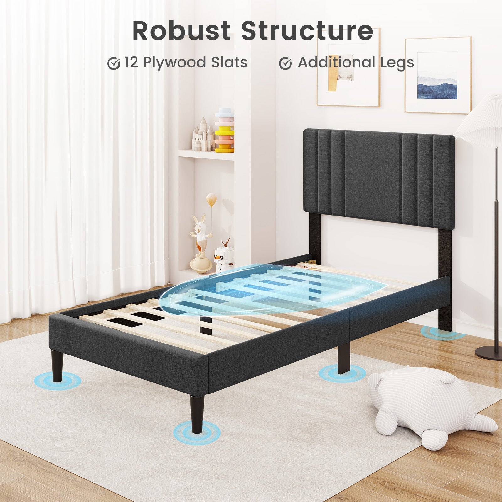 Full/Queen/Twin Size Bed Frame with Vertical Channel Tufted Headboard and Wooden Slats-Twin Size