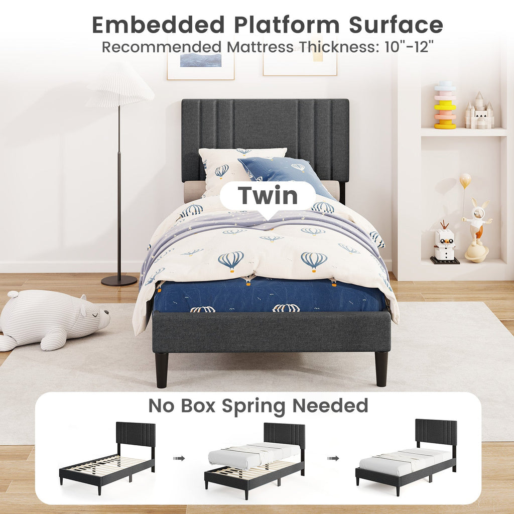 Full/Queen/Twin Size Bed Frame with Vertical Channel Tufted Headboard and Wooden Slats-Twin Size