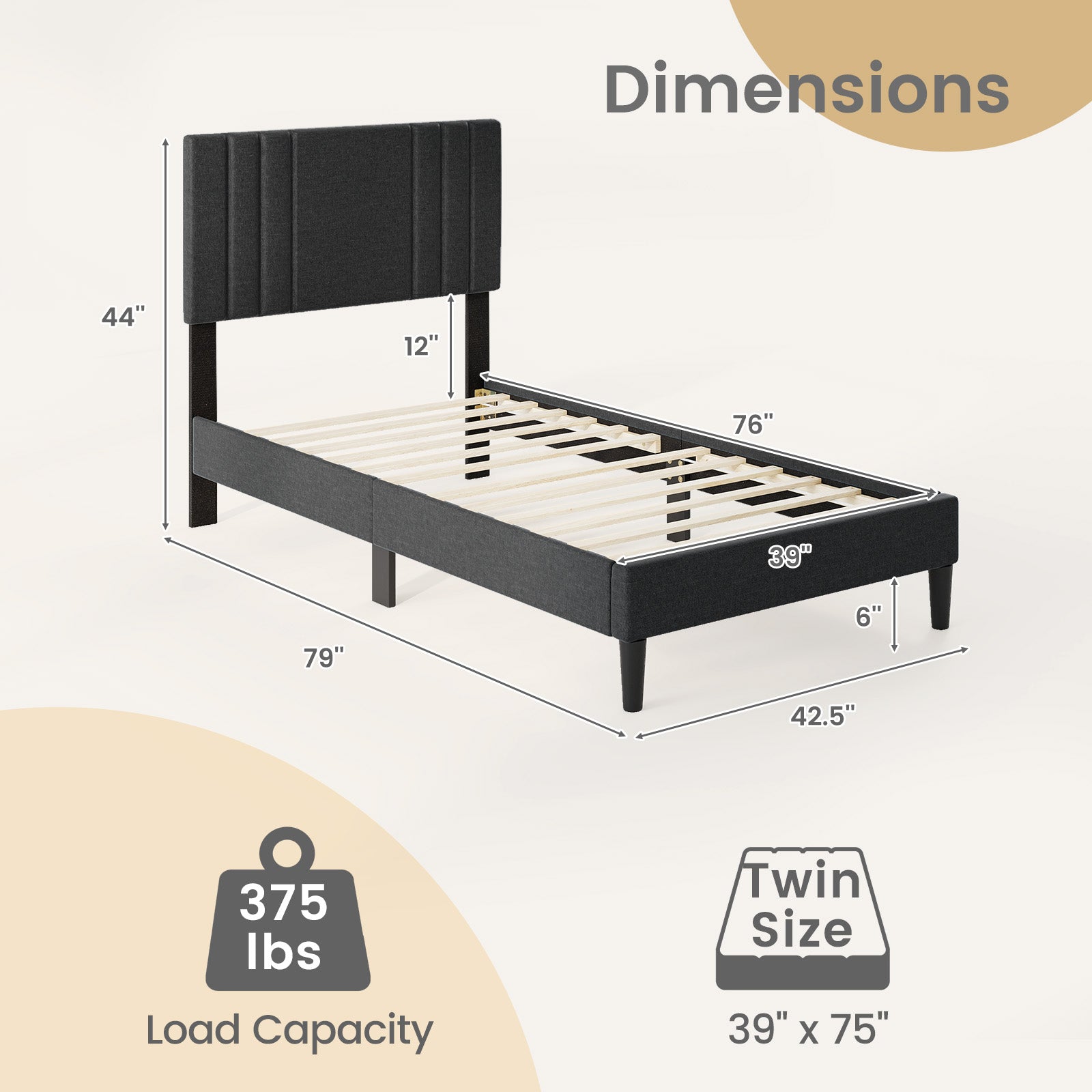 Full/Queen/Twin Size Bed Frame with Vertical Channel Tufted Headboard and Wooden Slats-Twin Size