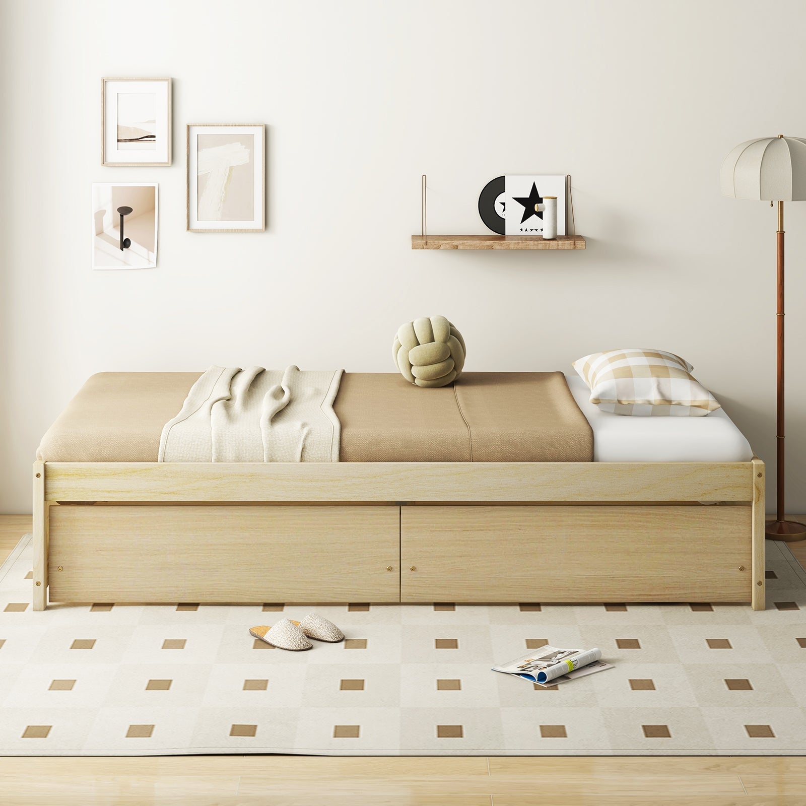 Twin Size Captain Bed with 2 Drawers and Slats Support-Natural