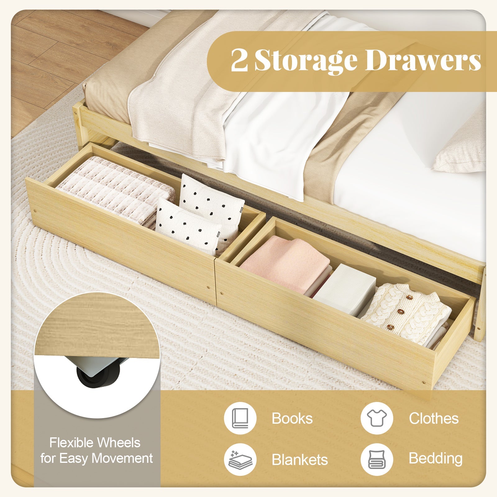 Twin Size Captain Bed with 2 Drawers and Slats Support-Natural