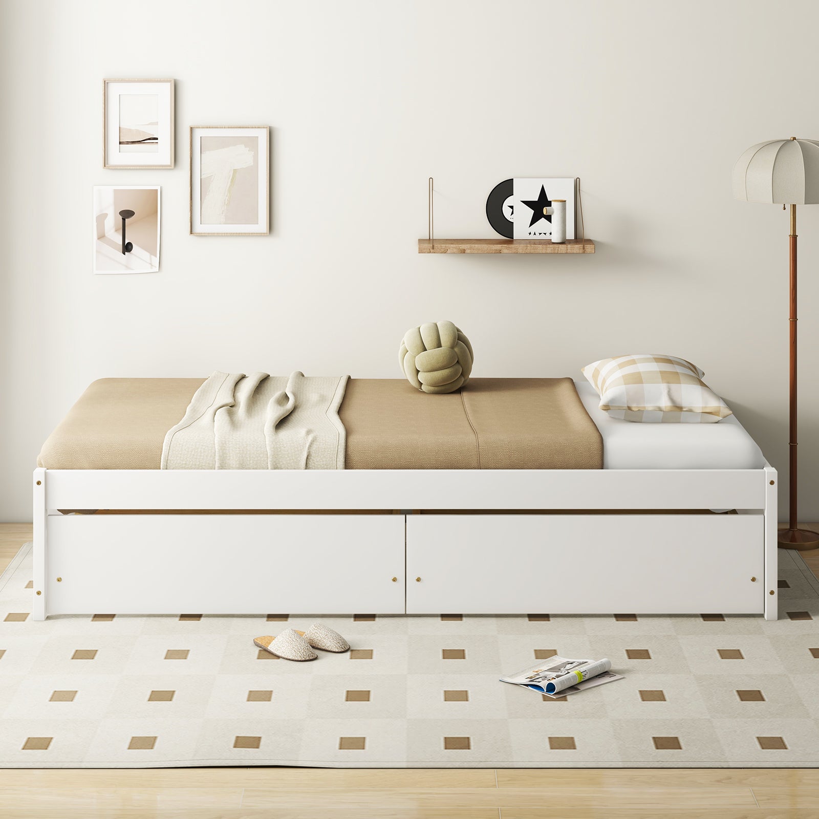 Twin Size Captain Bed with 2 Drawers and Slats Support-White