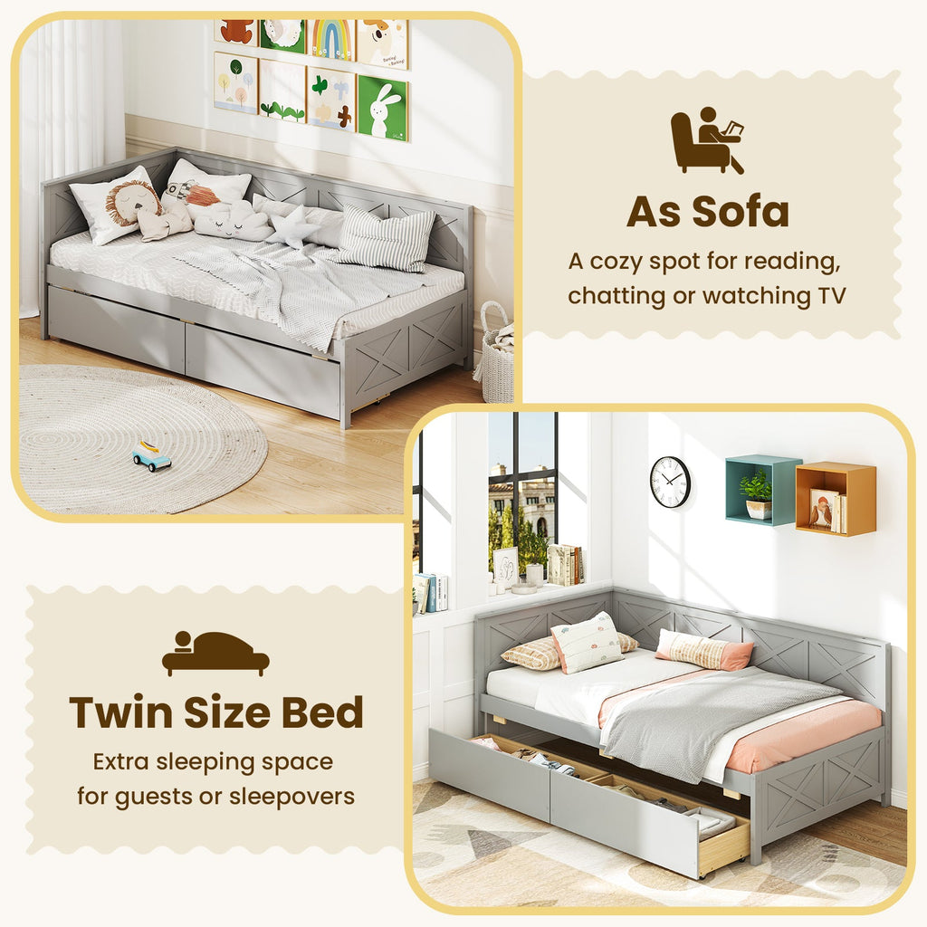 Twin Size Daybed with 2 Storage Drawers No Box Spring Needed-Gray