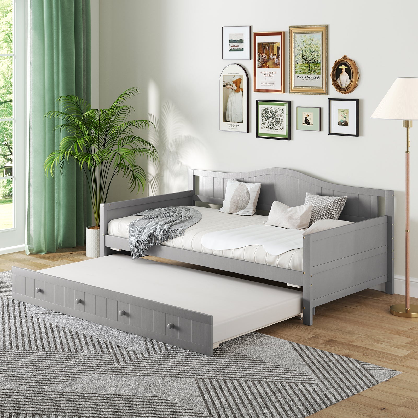 Twin Size Daybed with Trundle and Slats Support on Wheels-Gray