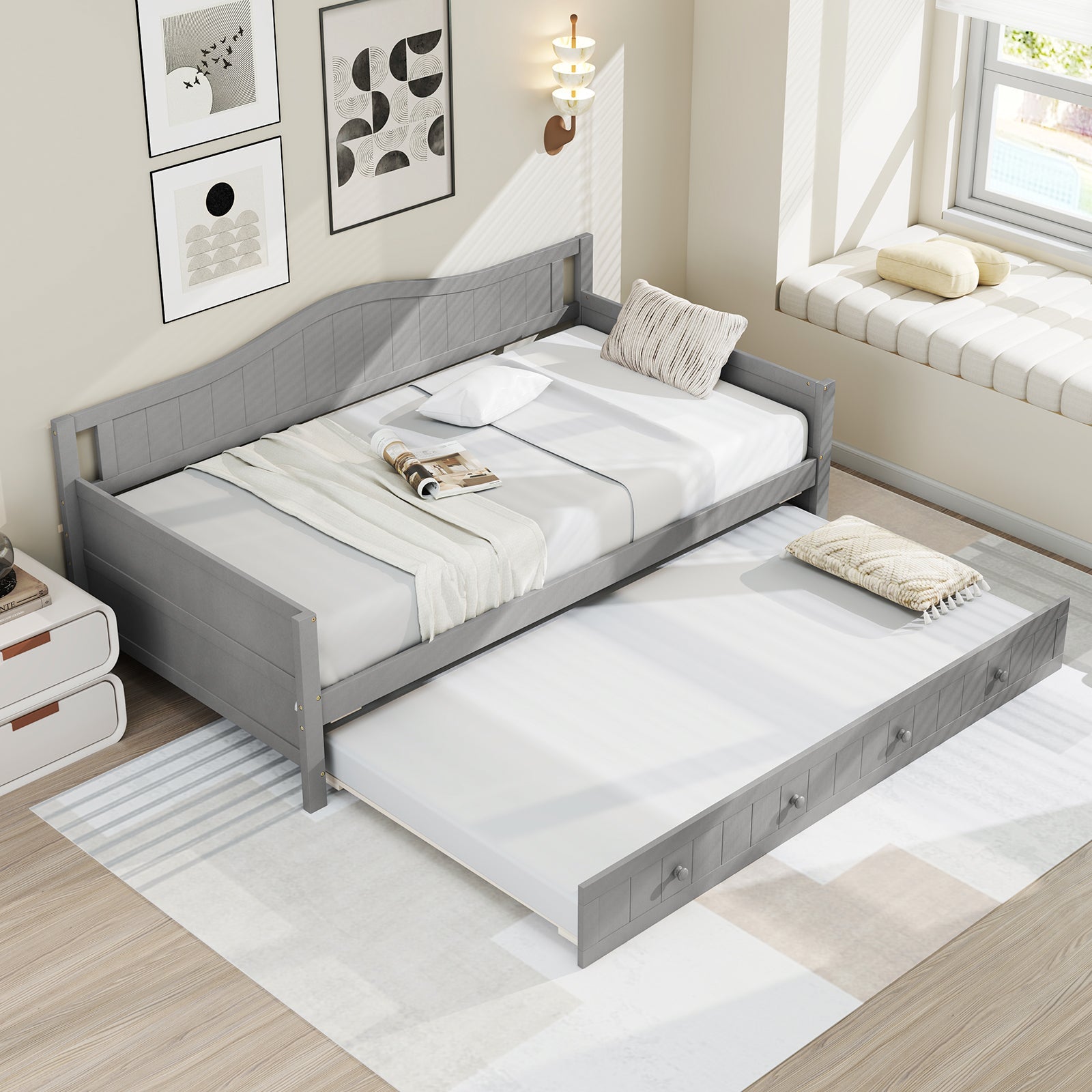 Twin Size Daybed with Trundle and Slats Support on Wheels-Gray