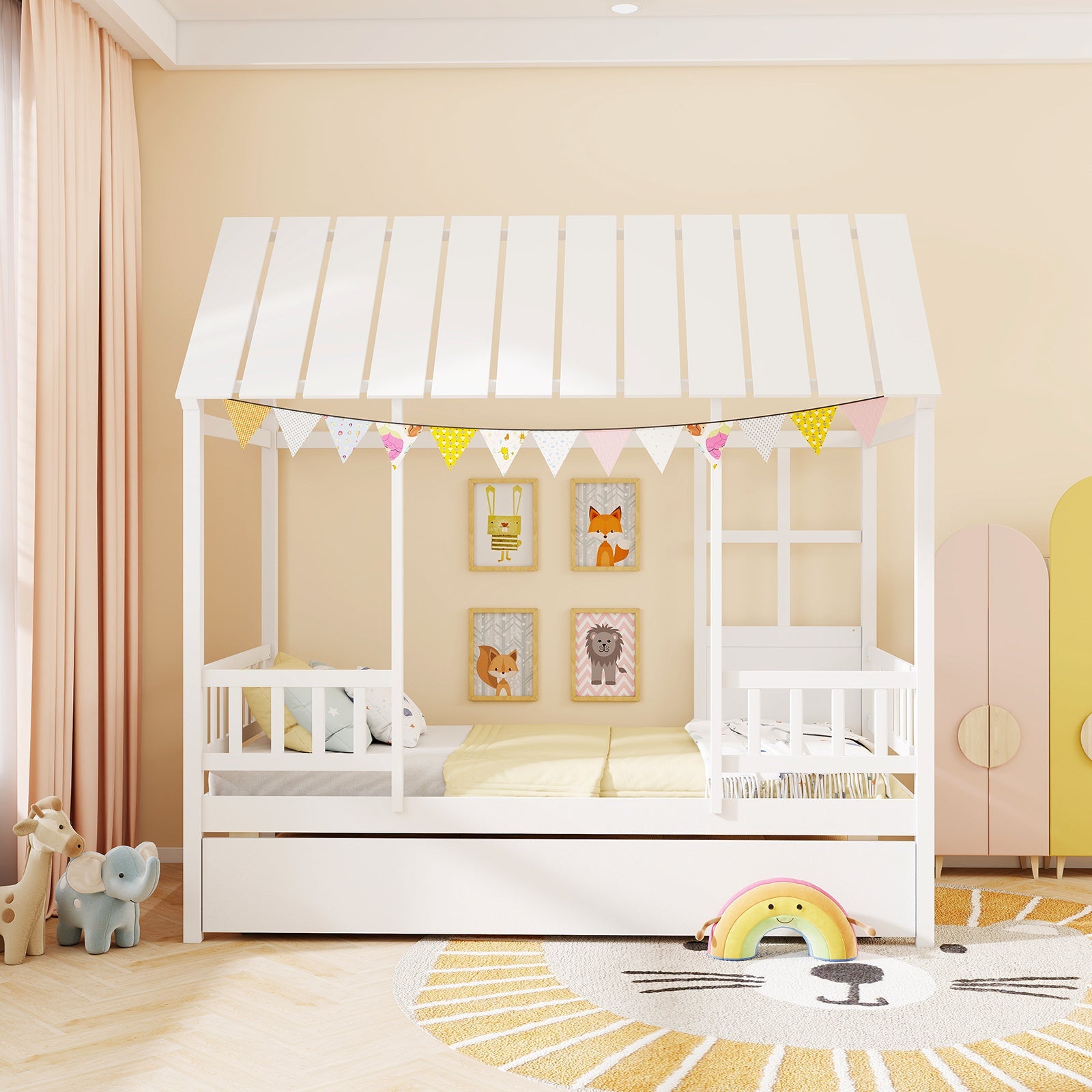 Twin Size House Bed with Trundle Kids Platform Bed with Roof Window-White