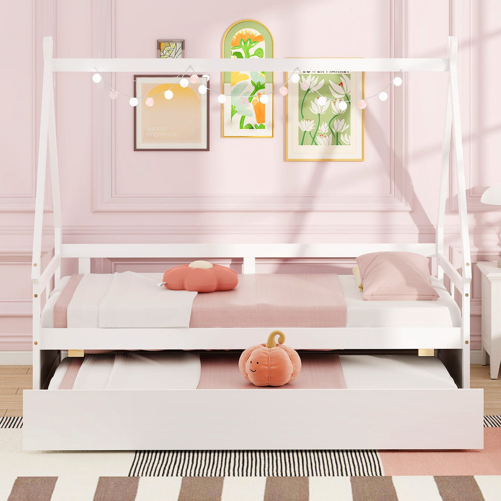 Twin Size House Bed with Trundle and Safety Guardrail-White