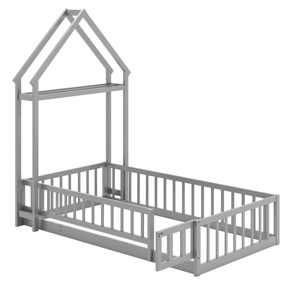 Twin Size House Floor Bed with House-shaped Headboard-Gray