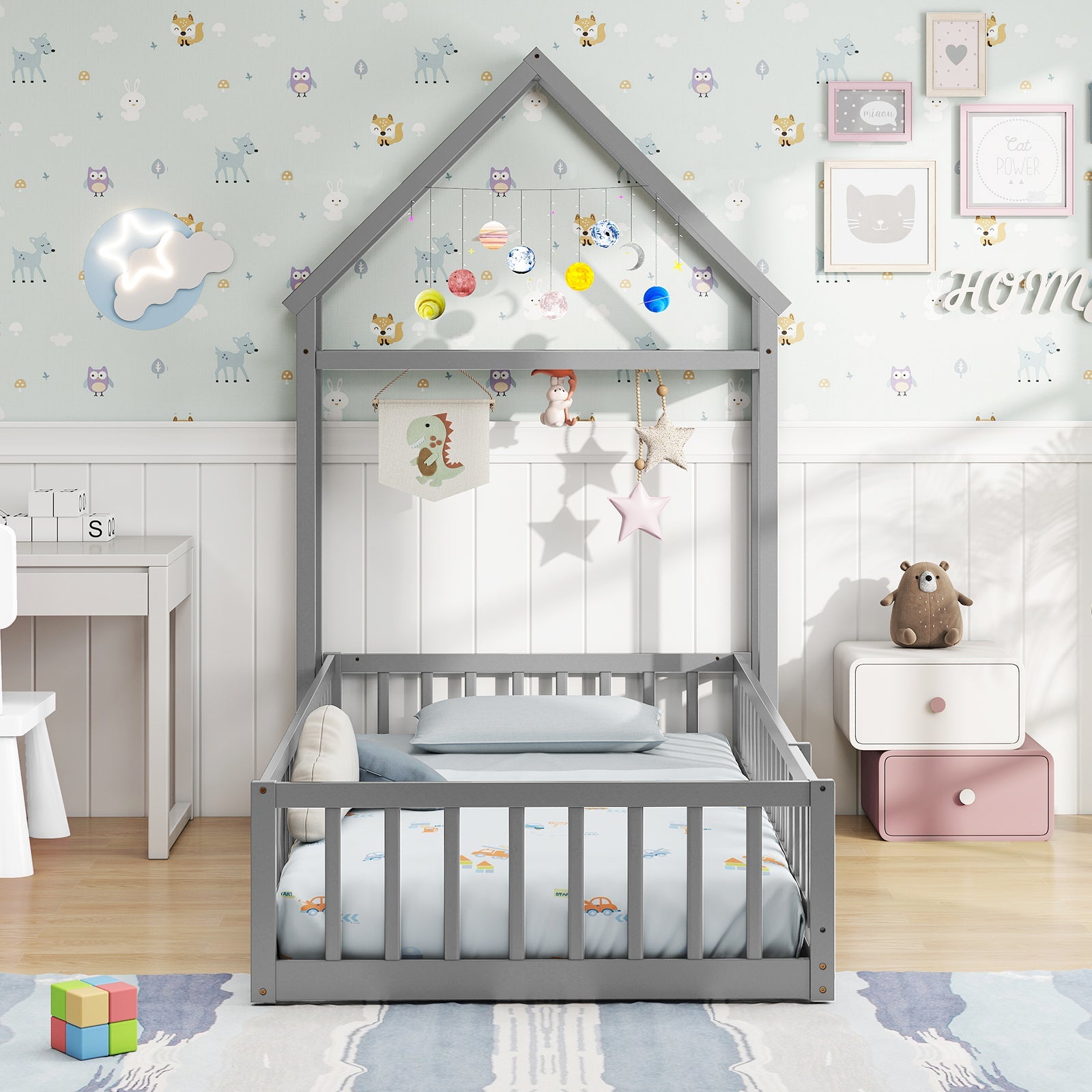 Twin Size House Floor Bed with House-shaped Headboard-Gray