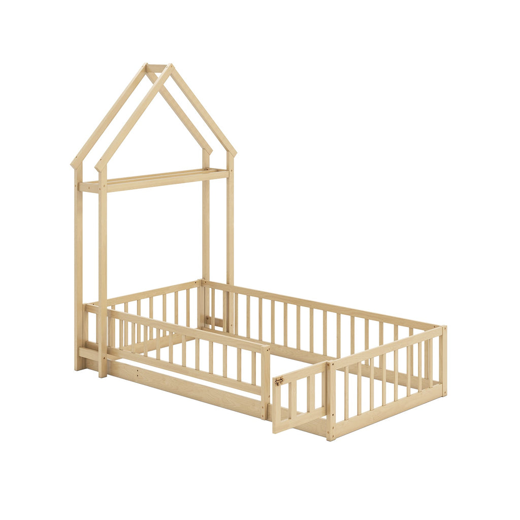 Twin Size House Floor Bed with House-shaped Headboard-Natural