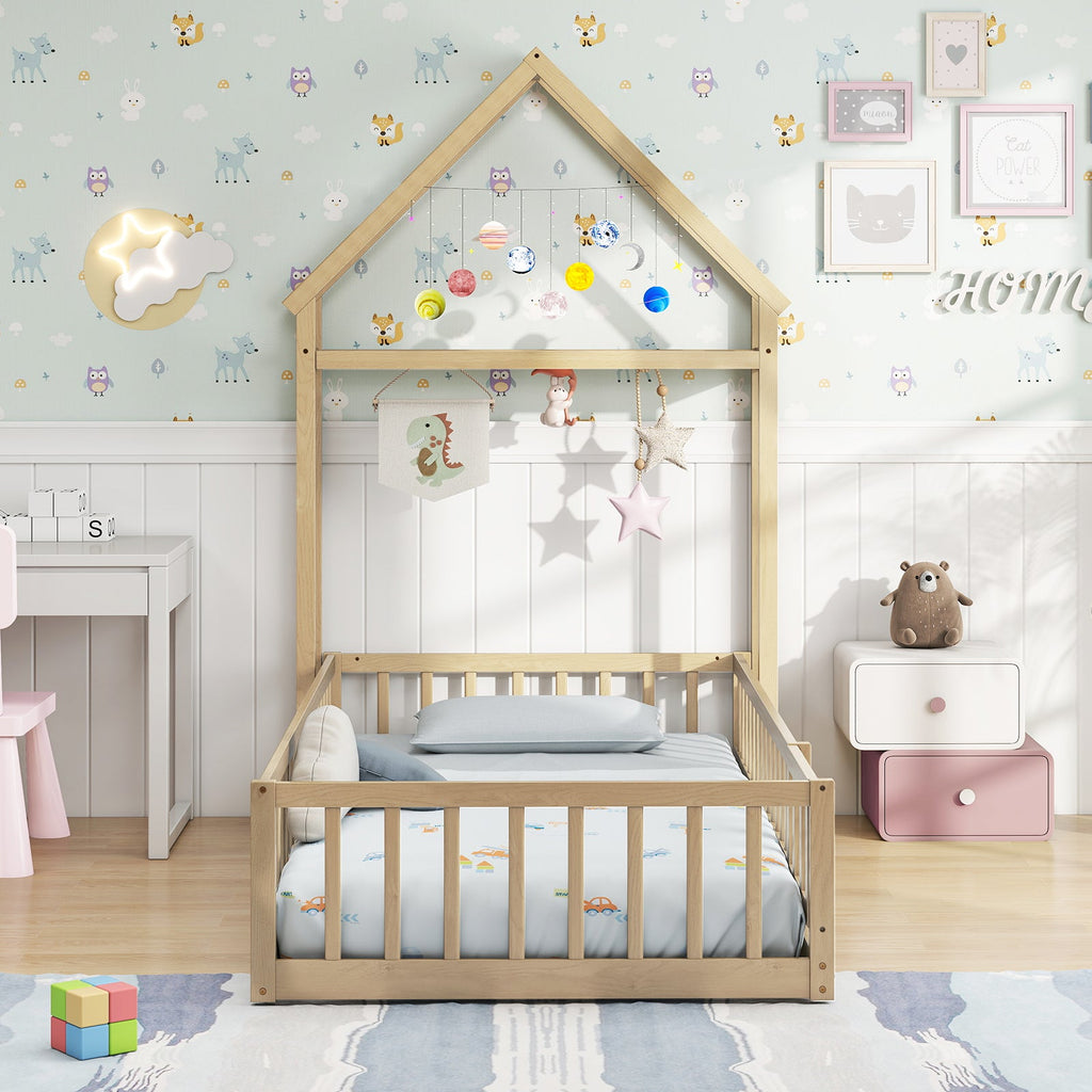 Twin Size House Floor Bed with House-shaped Headboard-Natural