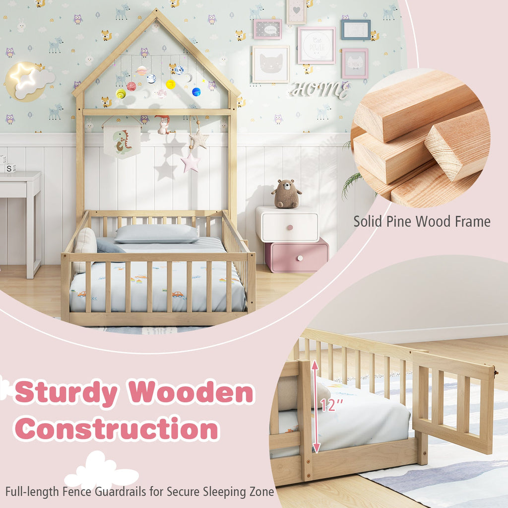 Twin Size House Floor Bed with House-shaped Headboard-Natural