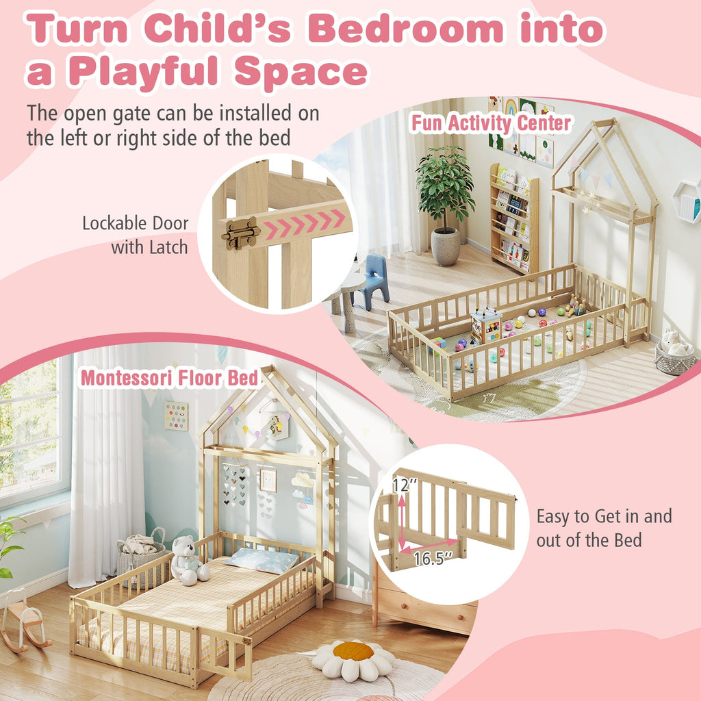 Twin Size House Floor Bed with House-shaped Headboard-Natural