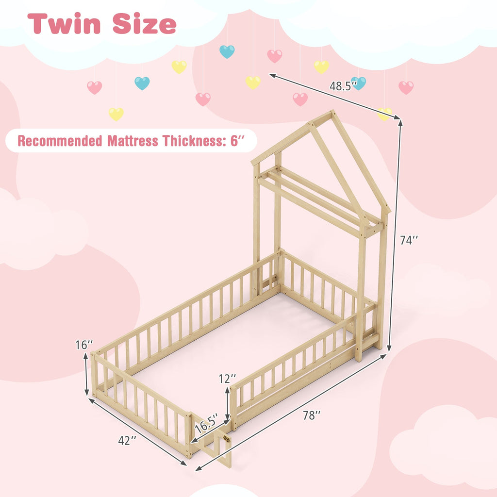 Twin Size House Floor Bed with House-shaped Headboard-Natural