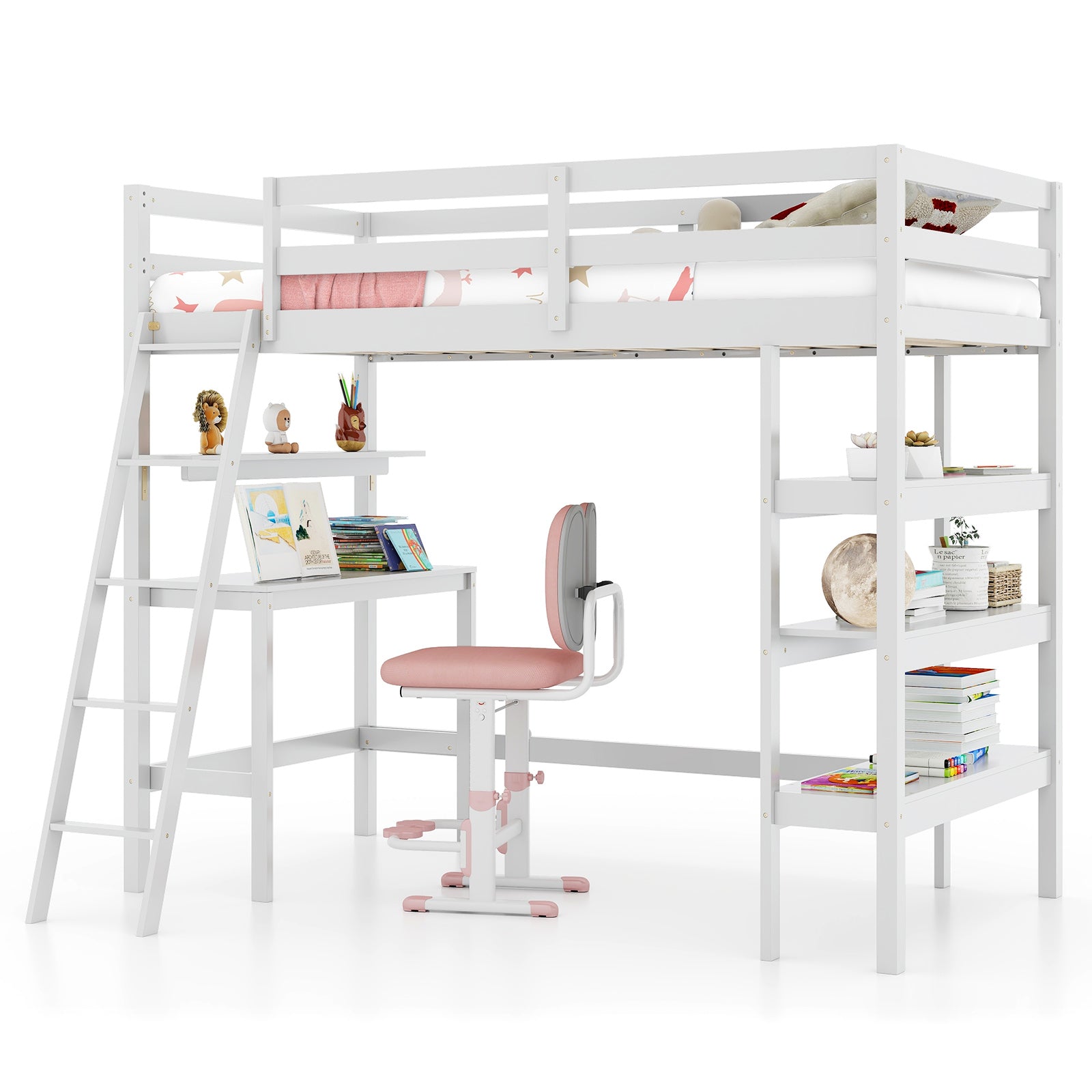 Twin Size Loft Bed with Desk and Bookshelves for Kids and Teens-White