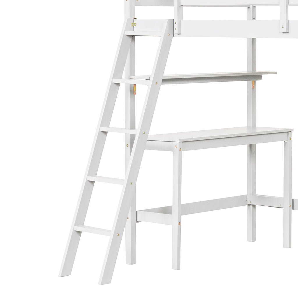 Twin Size Loft Bed with Desk and Bookshelves for Kids and Teens-White