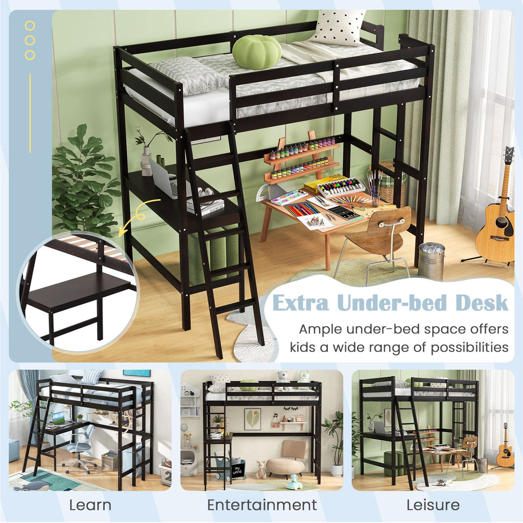Twin Size Loft Bed Frame with Desk Angled and Built-in Ladder-Espresso