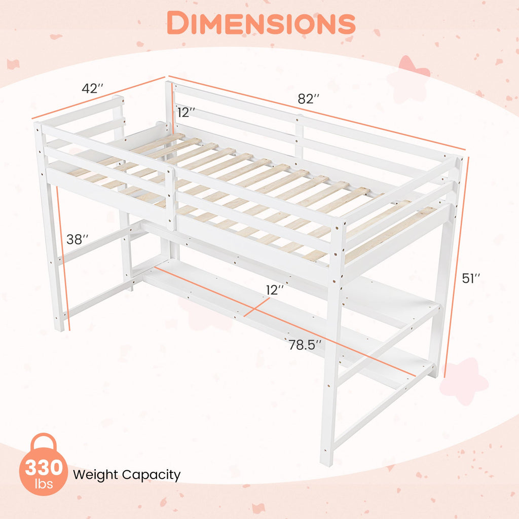 Twin Size Loft Bed with Storage Shelves Full-length Guardrails and Ladder-White