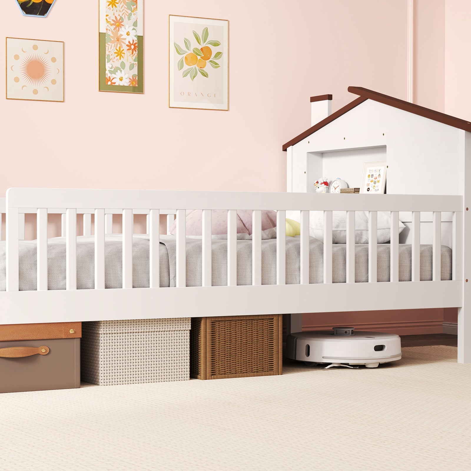 Twin Size Kids Montessori Bed with House-Shaped Headboard and Built-in Storage Shelf-White