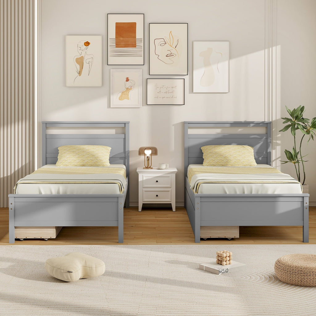Twin Size Wooden Bed Frame with 2 Drawers for Teens and Adults-Gray