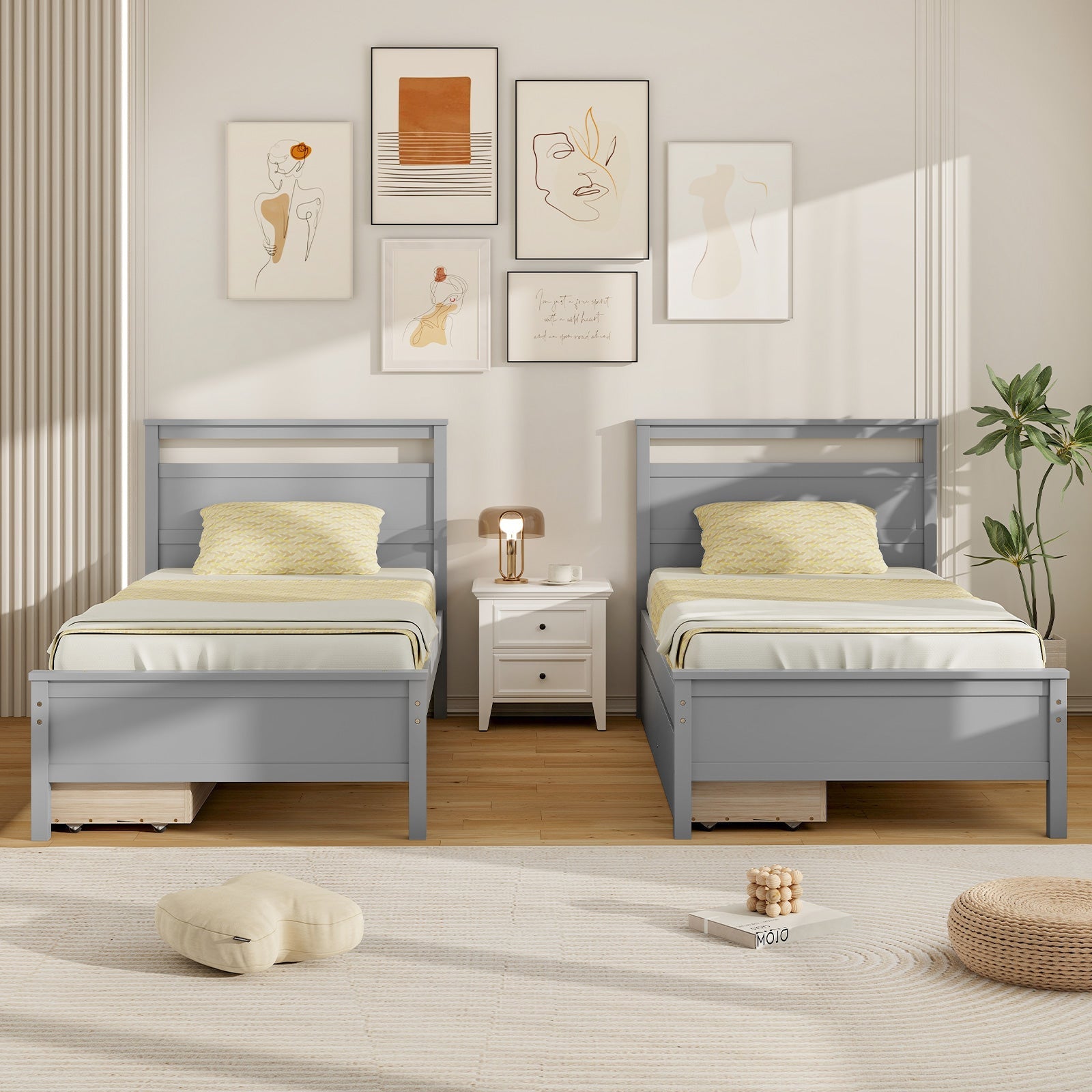 Twin Size Wooden Bed Frame with 2 Drawers for Teens and Adults-Gray