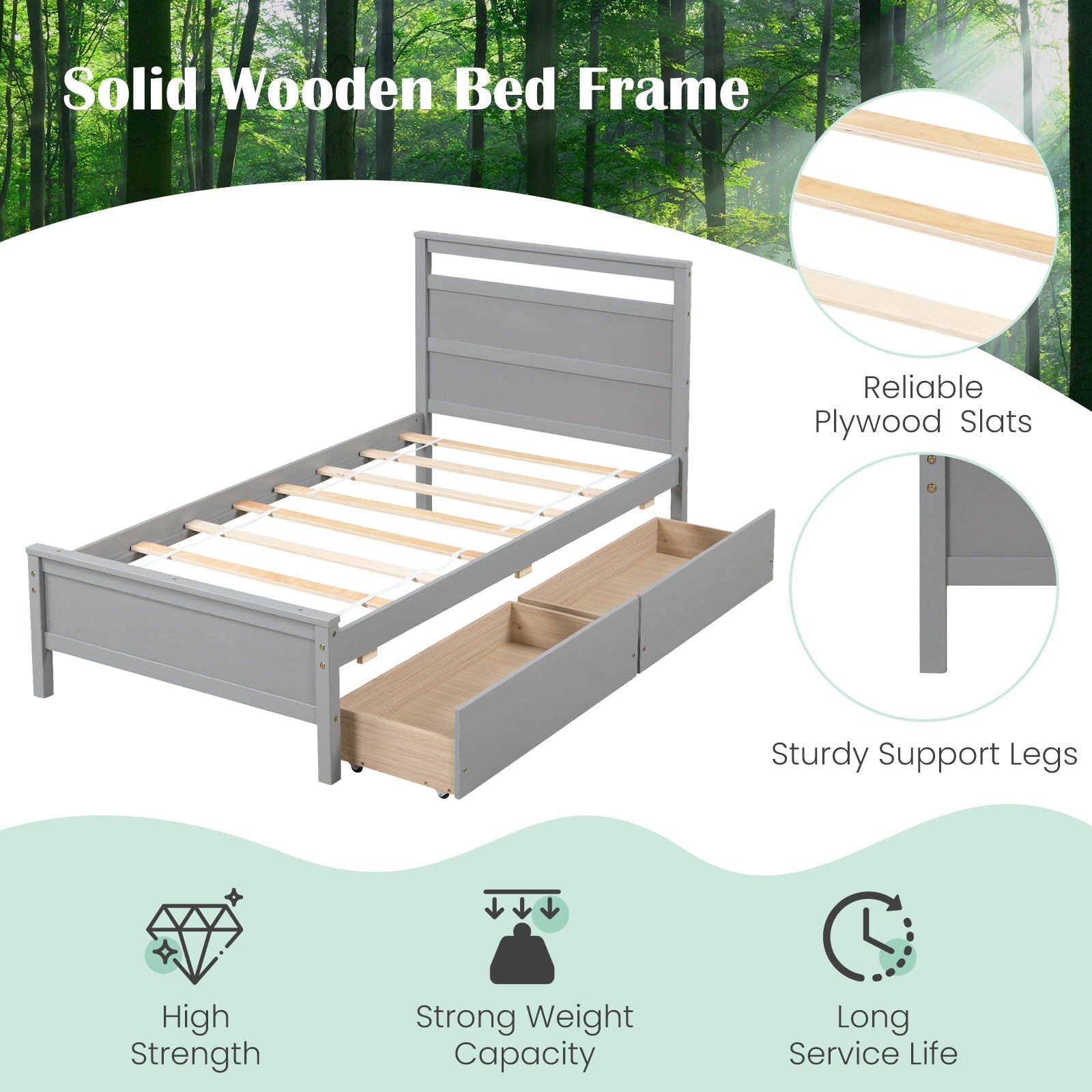 Twin Size Wooden Bed Frame with 2 Drawers for Teens and Adults-Gray