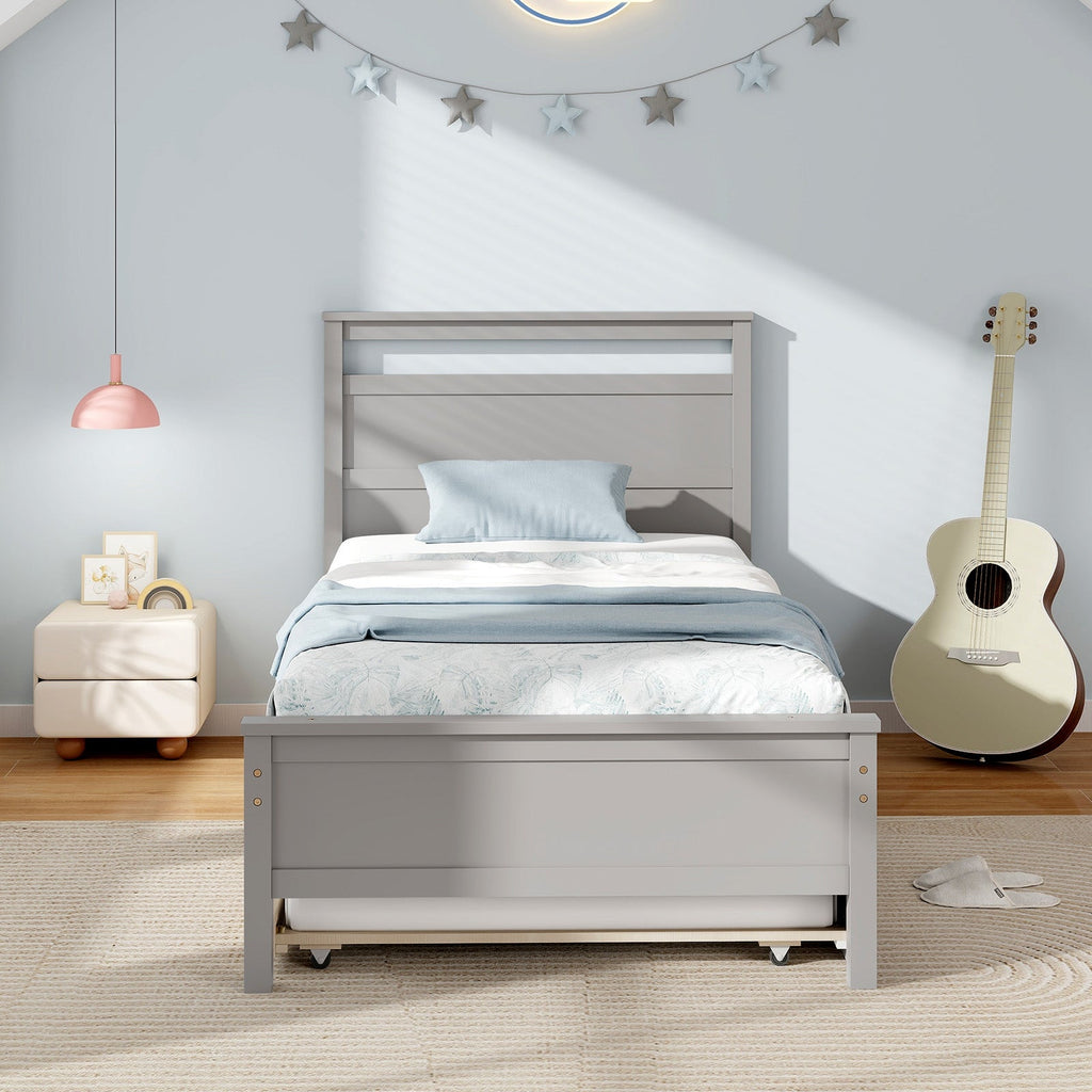 Twin Size Wooden Bed Frame with Trundle for Teens and Adults-Gray