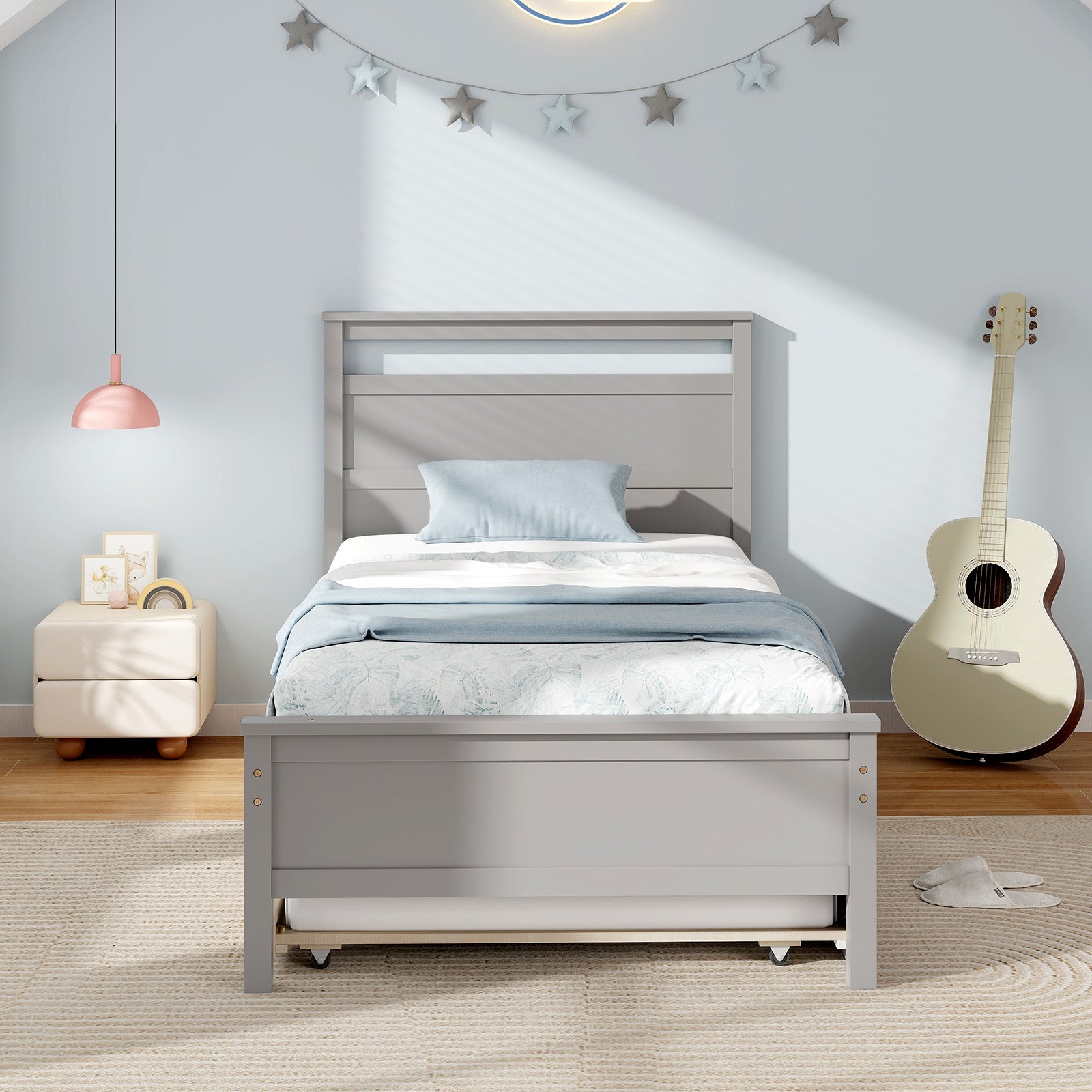 Twin Size Wooden Bed Frame with Trundle for Teens and Adults-Gray