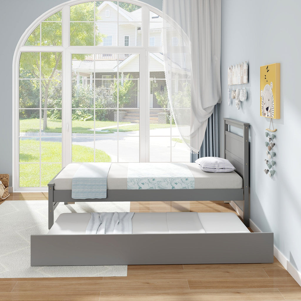 Twin Size Wooden Bed Frame with Trundle for Teens and Adults-Gray
