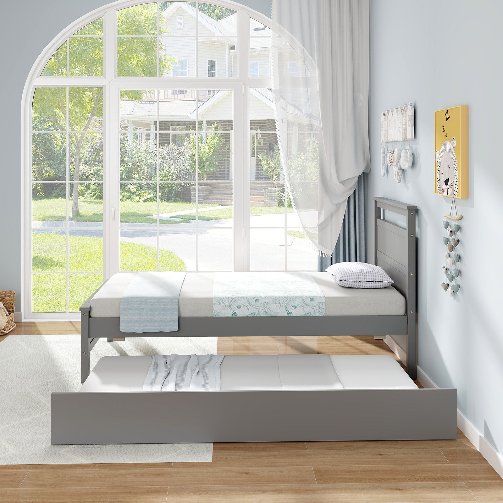 Twin Size Wooden Bed Frame with Trundle for Teens and Adults-Gray
